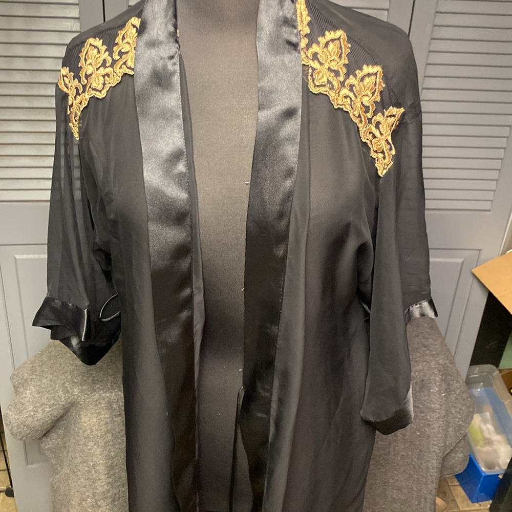 Black Satin Robe with Gold Embroidery - Picture 2 of 5